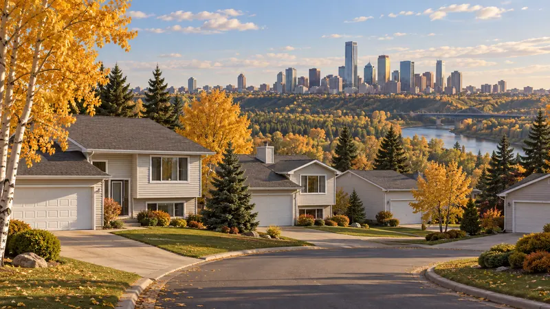 Edmonton neighbourhood of 1980s split-level homes along a ravine, with the river valley and downtown towers in the distance