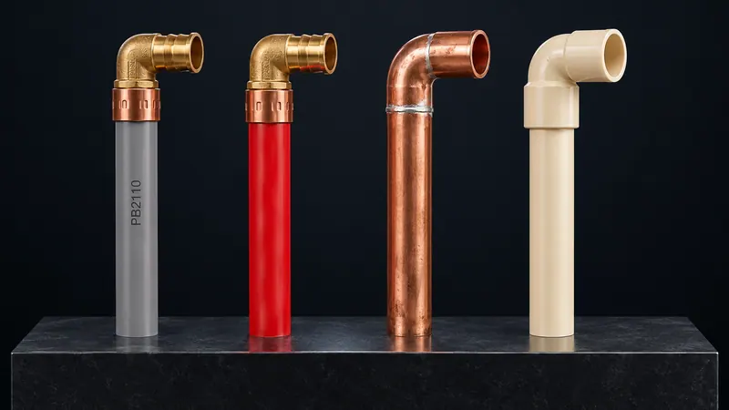 Four pipe samples standing side by side: grey poly-B with a copper crimp ring, red PEX with a brass crimp fitting, copper with a soldered elbow and cream CPVC with a solvent-welded fitting