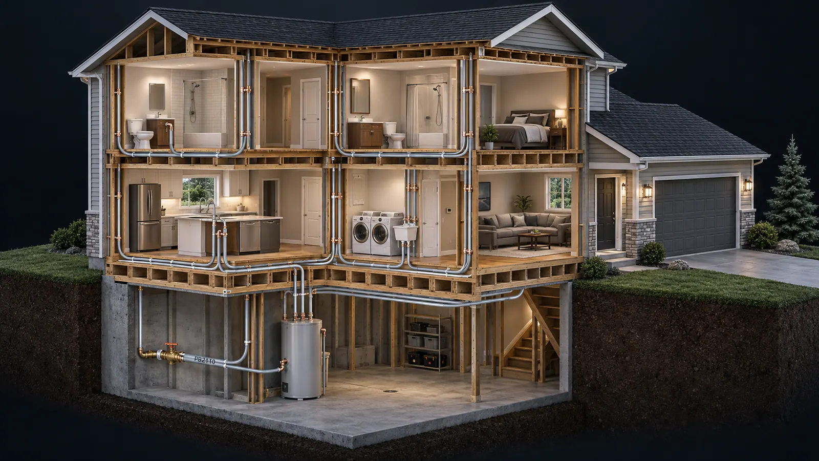 Conceptual house cutaway showing grey Poly-B water supply lines from the basement to kitchen and bathrooms