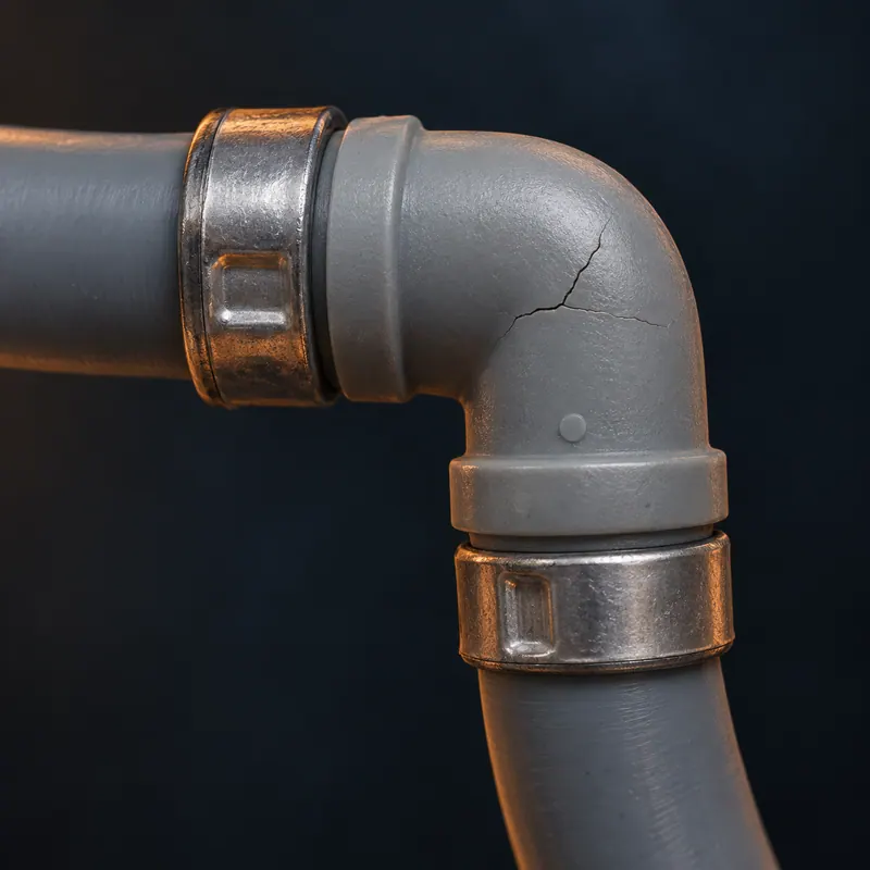Grey plastic acetal elbow joining two poly-B runs