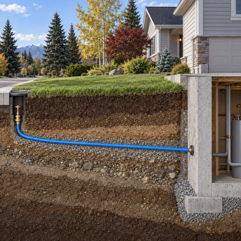 Trench beside a house foundation showing a blue plastic water service line running from the curb stop to the wall