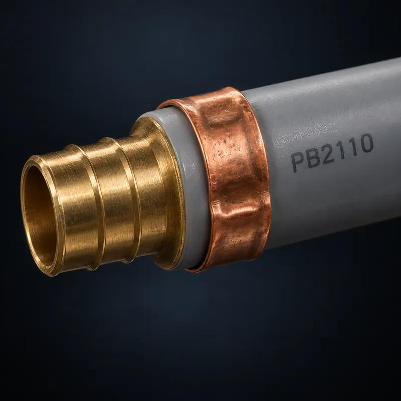 Close-up of a grey poly-B tube on a copper insert fitting held by a wide plain copper crimp ring