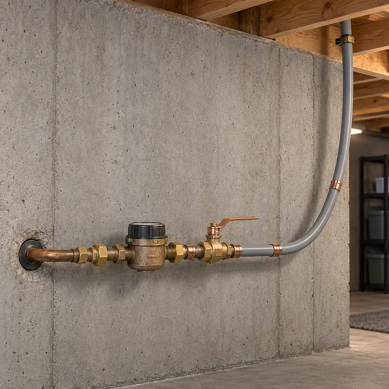 Main water shut-off valve and meter on a basement wall, with a grey plastic supply line leaving the valve