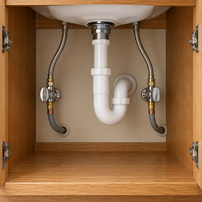 Open vanity cabinet showing two grey plastic supply stubs with plastic shut-off valves and braided connectors to the faucet