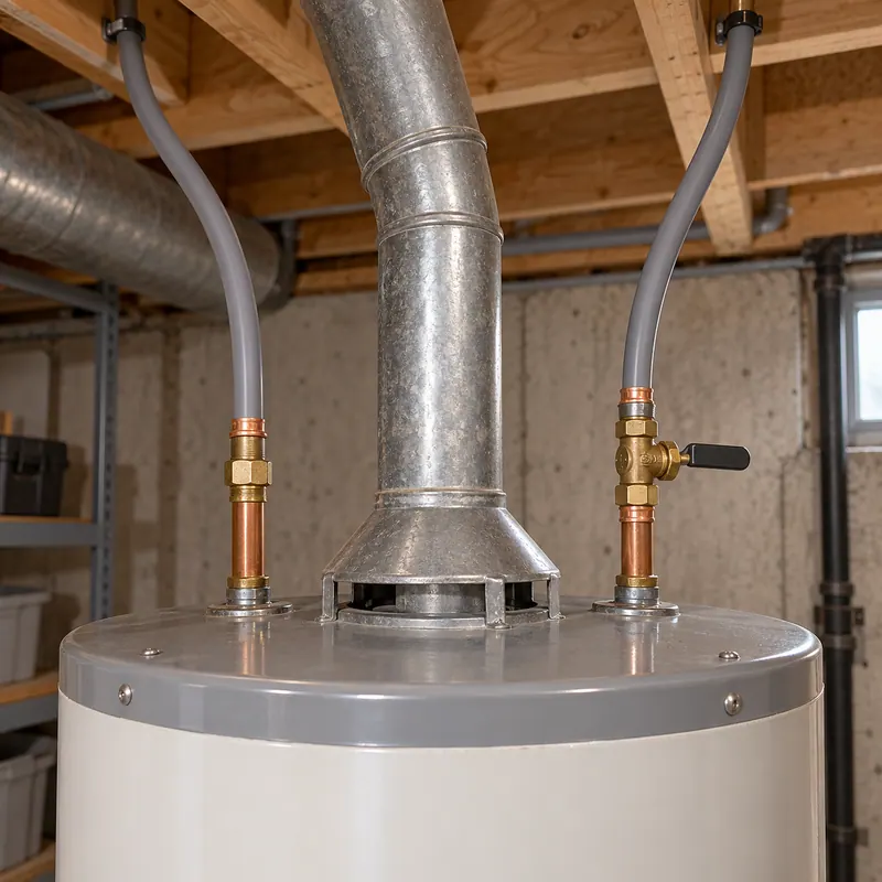 Top of a gas water heater with short copper connectors joining grey poly-B hot and cold lines about half a metre above the tank