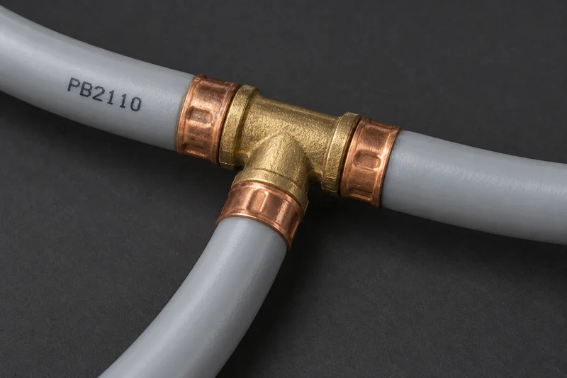 Close-up illustration of grey PB2110 water supply tubing joined to a brass tee with copper-coloured crimp rings