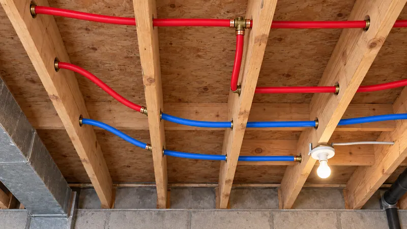 Drag to compare the same unfinished basement ceiling with grey poly-B supply lines and with new red and blue PEX lines after replacement (after)