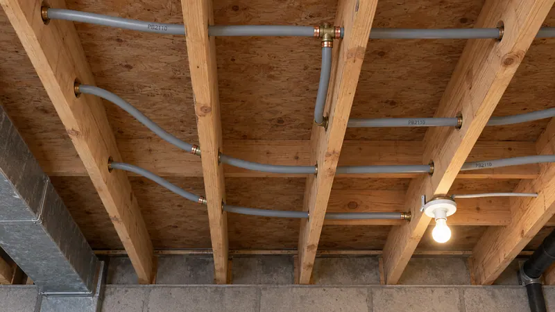 Drag to compare the same unfinished basement ceiling with grey poly-B supply lines and with new red and blue PEX lines after replacement (before)