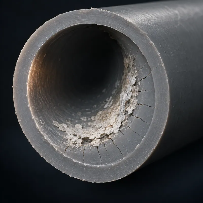 Magnified cross-section of an old poly-B pipe with a brittle, cracked inner surface