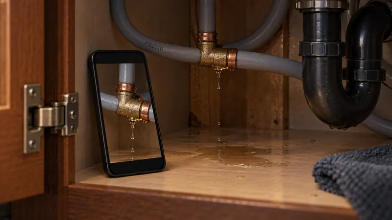Inside an open bathroom vanity, a smartphone photographs a leaking grey poly-B fitting above a small puddle on the cabinet floor